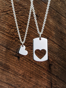 Silver Heart and Dog Tag Puzzle Necklace Set