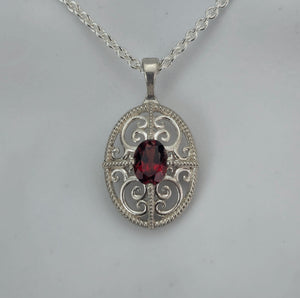 3D Filigree and 8x6mm Garnet Sterling Silver Pendant