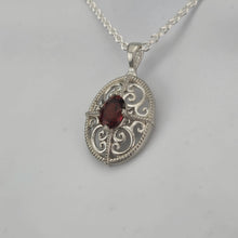 Load image into Gallery viewer, 3D Filigree and 8x6mm Garnet Sterling Silver Pendant
