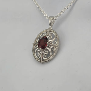 3D Filigree and 8x6mm Garnet Sterling Silver Pendant