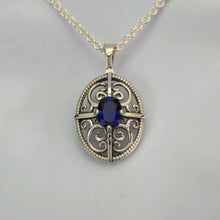 Load image into Gallery viewer, 3D Filigree and 8x6mm Sapphire Sterling Silver Pendant
