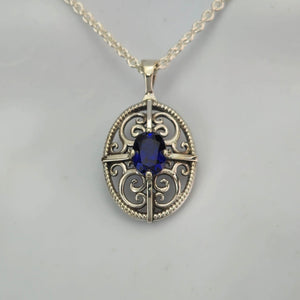 3D Filigree and 8x6mm Sapphire Sterling Silver Pendant