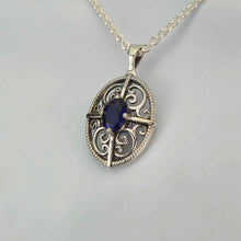 Load image into Gallery viewer, 3D Filigree and 8x6mm Sapphire Sterling Silver Pendant
