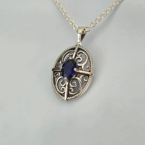 3D Filigree and 8x6mm Sapphire Sterling Silver Pendant