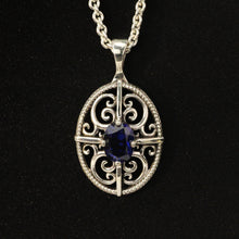 Load image into Gallery viewer, 3D Filigree and 8x6mm Sapphire Sterling Silver Pendant
