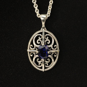 3D Filigree and 8x6mm Sapphire Sterling Silver Pendant