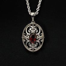 Load image into Gallery viewer, 3D Filigree and 8x6mm Garnet Sterling Silver Pendant
