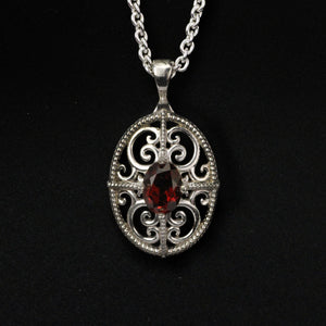 3D Filigree and 8x6mm Garnet Sterling Silver Pendant